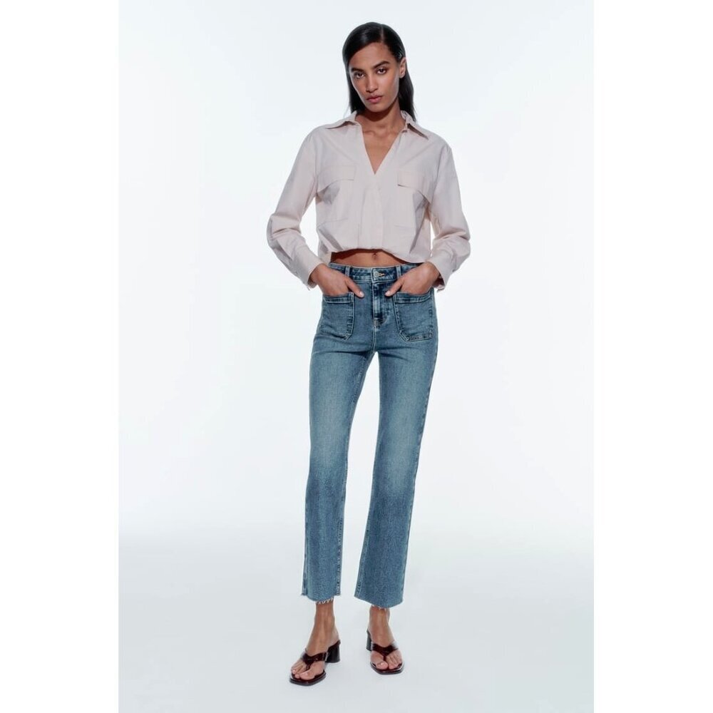 NWT Zara medium blue wash high rise flare leg ankle stretch denim jeans, 12
